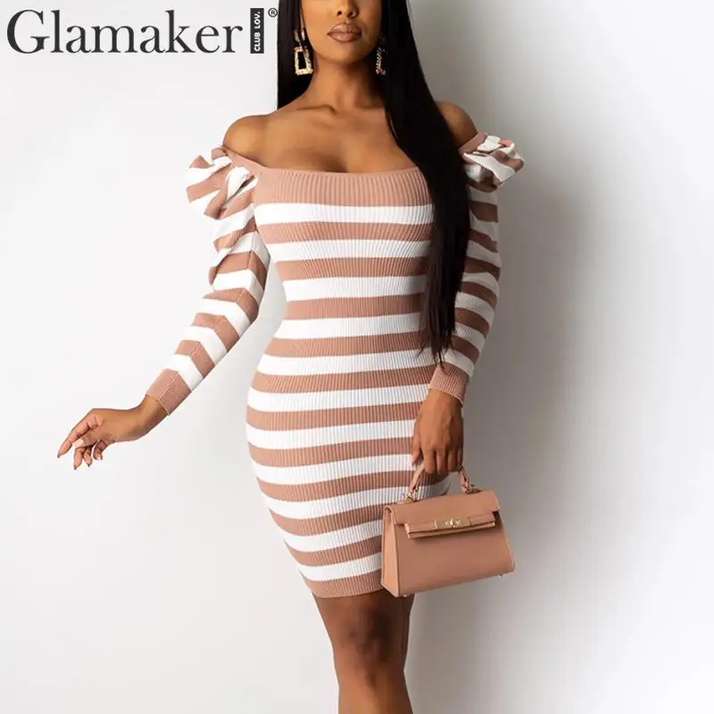 Glamaker женское Короткое сексуальное платье в полоску с пышными рукавами черное белое весеннее летнее облегающее платье с квадратным вырезом вечернее платье с длинным рукавом