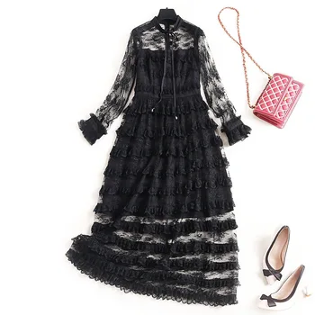 

Women lace mesh patchwork dress new 2020 spring summer long sleeve a-line ruffles striped gothic black dresses