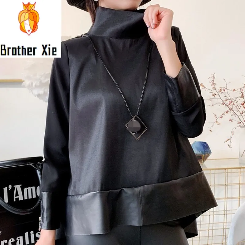 

Genuine Leather Chiffon Spliced Pullover Jacket Women Streetwear Autumn Black Loose Fit Sheepskin Long Sleeve Short Coat Tops