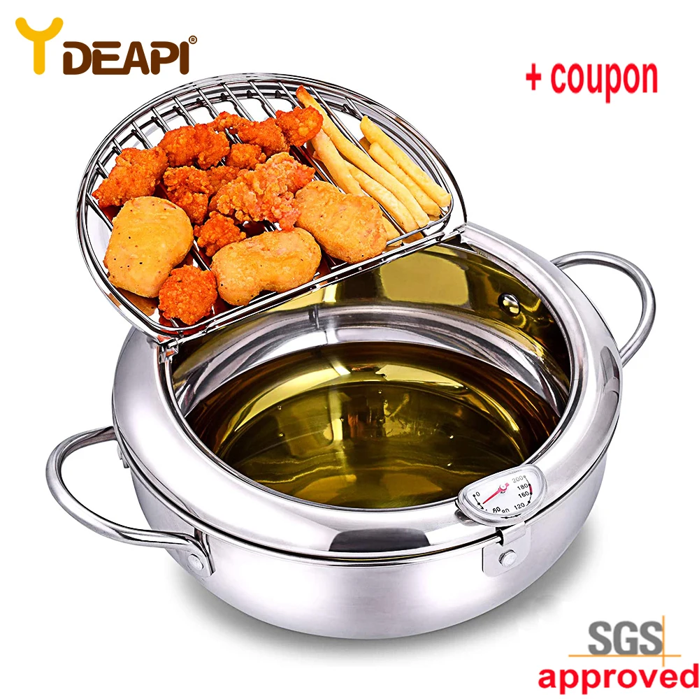 YDEAPI Japanese Deep Frying Pot with a Thermometer and Lid 304 Stainless Steel Kitchen Tempura Fryer Pan 20 24 cm | Дом и сад