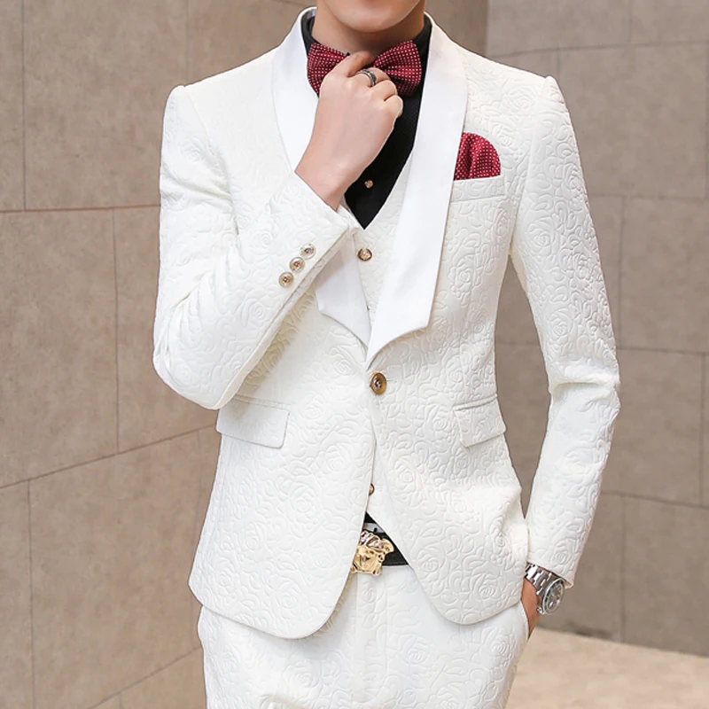 

Fashion Men's Korean Version Of The Self-cultivation Sub-pattern Dark Flower White Dress Suit Host Dinner Wedding Suit (three)