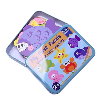 

Educational Children Jigsaw Cartoon 3D Puzzle + Metal Iron Box 3D Wood Puzzle Montessori Educational Toys Kids Wooden Toys Gift