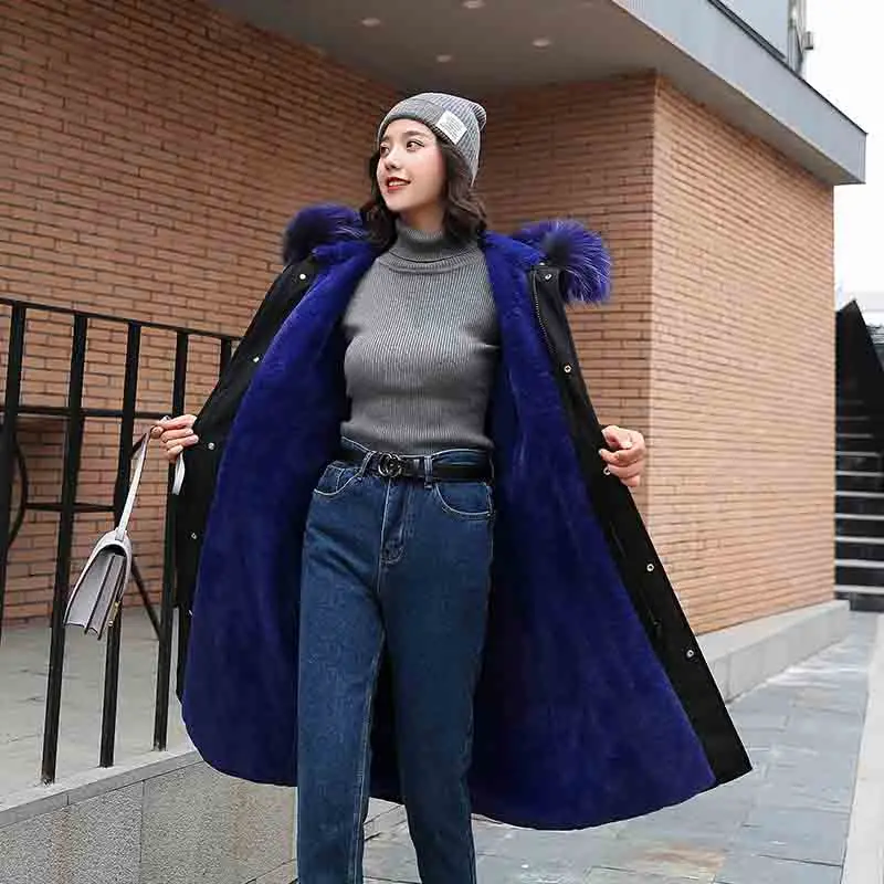 Женские парки с капюшоном, женские зимние куртки и длинные пальто, стеганая куртка, теплая верхняя одежда, большой воротник из искусственного меха, chaqueta mujer - Цвет: Синий