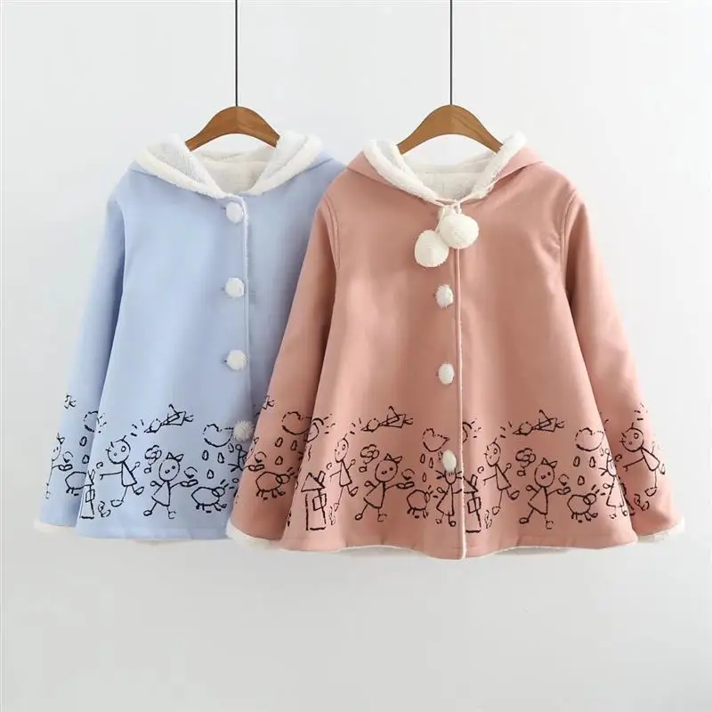 

Winter New Style WOMEN'S Dress Japanese-style Soft Girl Graffiti Printing plus Velvet Lambs Wool Versatile Woolen Jacket S3966
