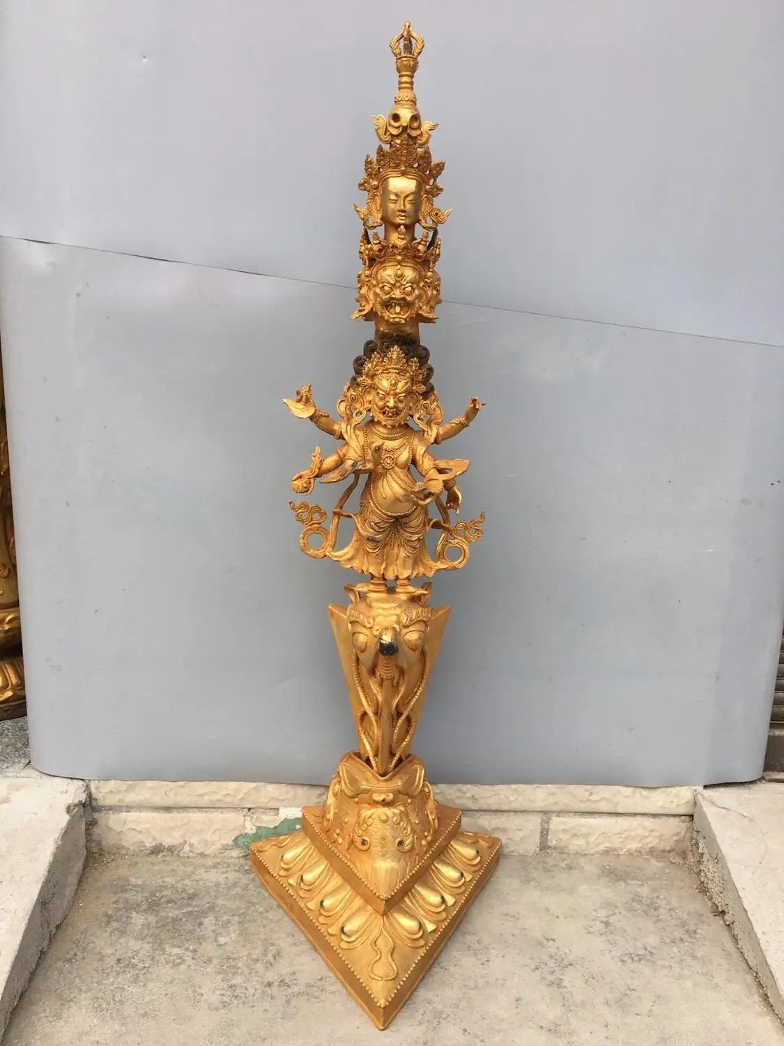 

40" Tibet Buddhism Temple Gilt bronze Vajra Dorje Vajra Phurpa Guanyin head statue Mahakala Wrathful Deity Buddha Statue faqi