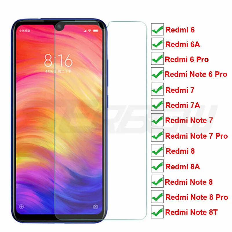 

9H hardness Tempered Glass For Xiaomi Redmi 7 8 7A 8A 6A 6 Pro Screen Protector For Redmi Note 6 7 8 Pro 8T Protective Film Case