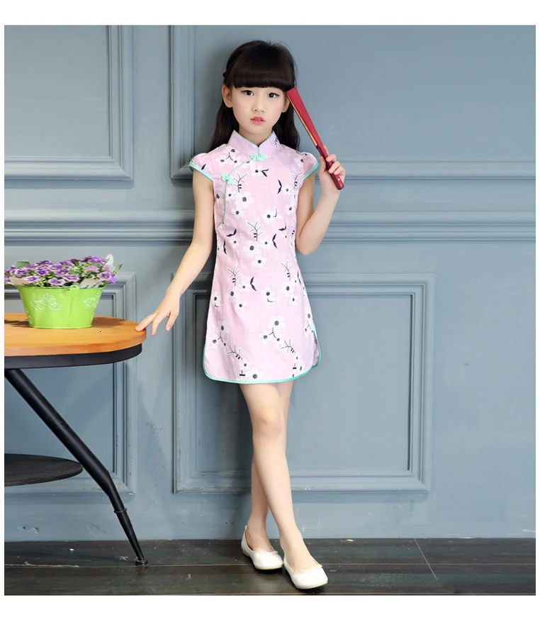 Элегантное платье Ципао для девочек, Vestidos Cheongsam, детская одежда, винтажная детская одежда с цветочным принтом, летние платья для маленьких
