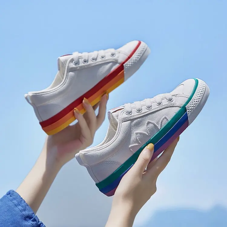 

White Shoes Women's 2019 Summer New Style Korean-style Students Flat Low Top Sneakers Versatile Western Style Canvas Rainbow Sho