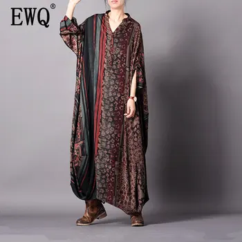 

[EWQ] 2020 Spring Summer New Arrivals V-neck Full Sleeve Print Pattern Women Vintage Loose Casual Irregular Dress AY46303