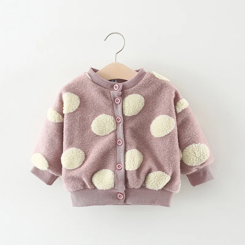 Весенне-осенняя одежда для маленьких девочек Пушистый кардиган, верхняя одежда для новорожденных, одежда для девочек, модные куртки в горошек, пальто - Цвет: pink