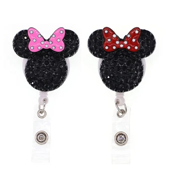 

100pcs/lot Enamel Rhinestone Animal Mouse Head Shape Nurse Retractable Badge Reel Holder with Clip