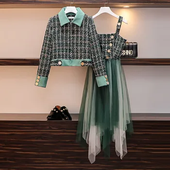 

Plus Size Two Piece Sets Women 2020 Vintage Tweed Plaid Short Jacket And Tweed Patchwork Irregular Mesh Long Matching Set Suit