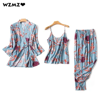 

3 PCS Women's Pajamas Set Floral Print Rayon Sexy Robe Nightwear Strap Sling Long Pants Spring Summer Autumn Sleepwear Homewear