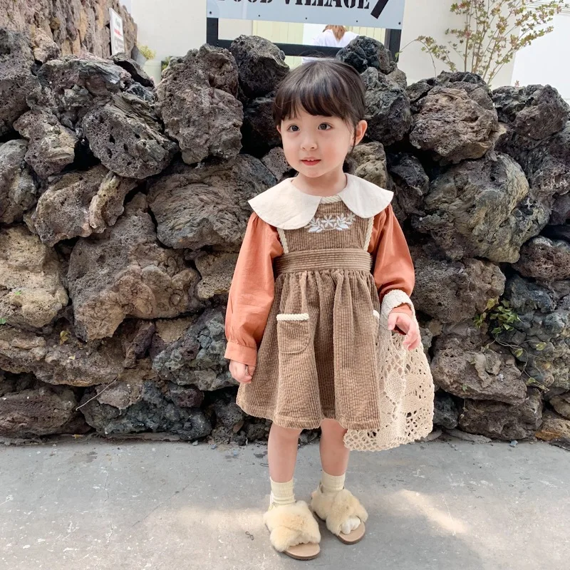 Caramel Kids Girls Fall Corduroy Dress Toddler Girl Winter Vintage Embroidered Dress Quality Baby Girl Autumn Clothes Pocket