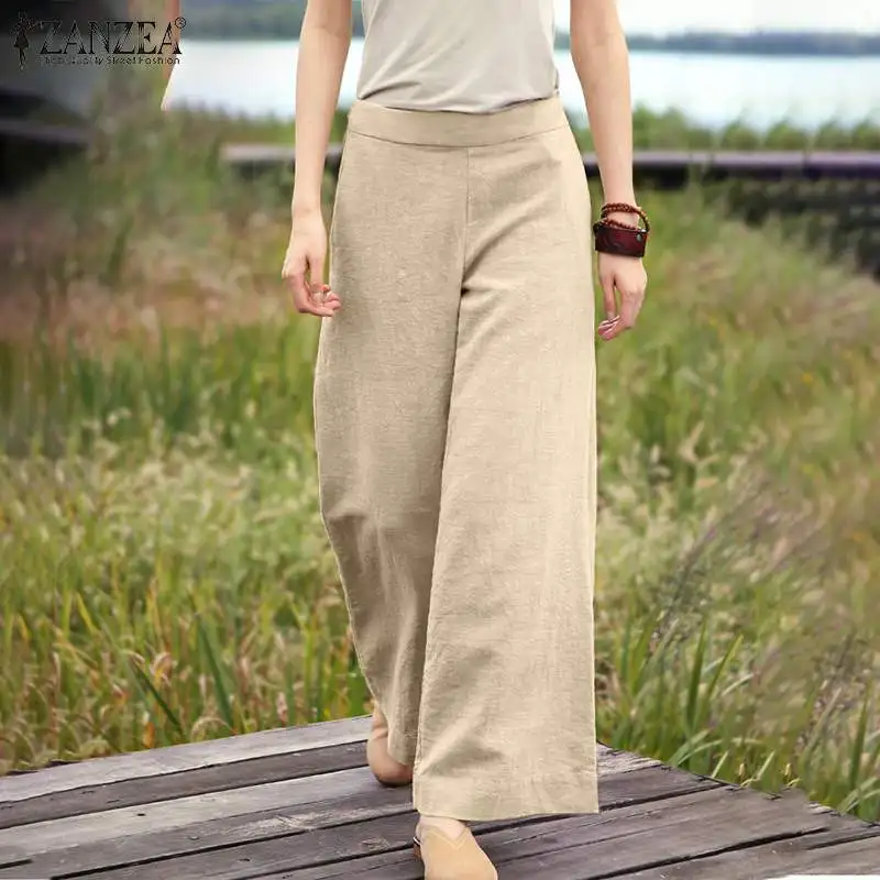 

Elegant Solid Wide Leg Pants Women Autumn Trouser ZANZEA 2020 Casual Elastic Waist Long Pantalon Palazzo Female Turnip Plus Size