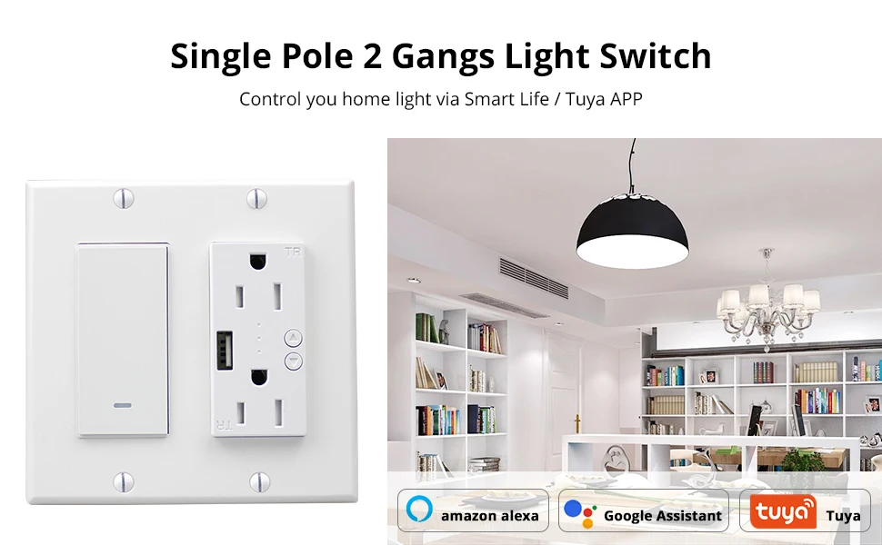 WiFi Light Switch with USB Port Outlet US 2 gangs Tuya Control Alexa