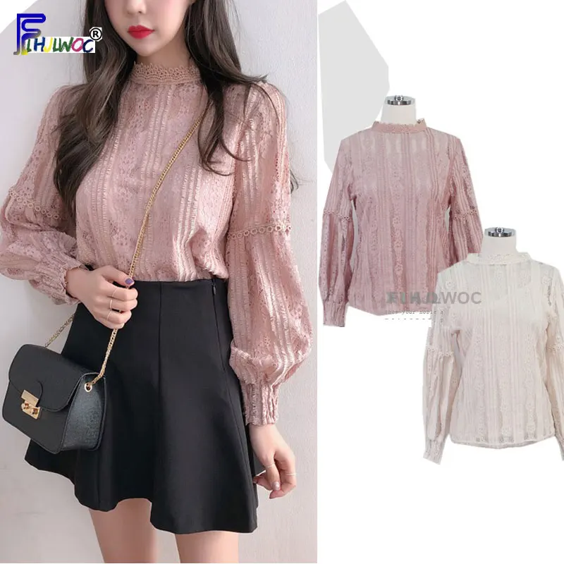 

Fall Autumn Basic Shirts Blouses Lantern sleeve Woman Japan Korea Style Temperament Lady Hollow Out Lace Vintage Top Pink 8104