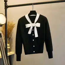 

Autumn Women Long Sleeve Neck Tie Bowknot Knit Blouse Buttons Elegant Sweater Ladies Fashion Pullover Sweaters