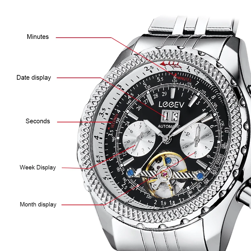 LeeEV для мужчин s часы Роскошные автоматические механические Tourbillon часы Бизнес наручные часы для мужчин
