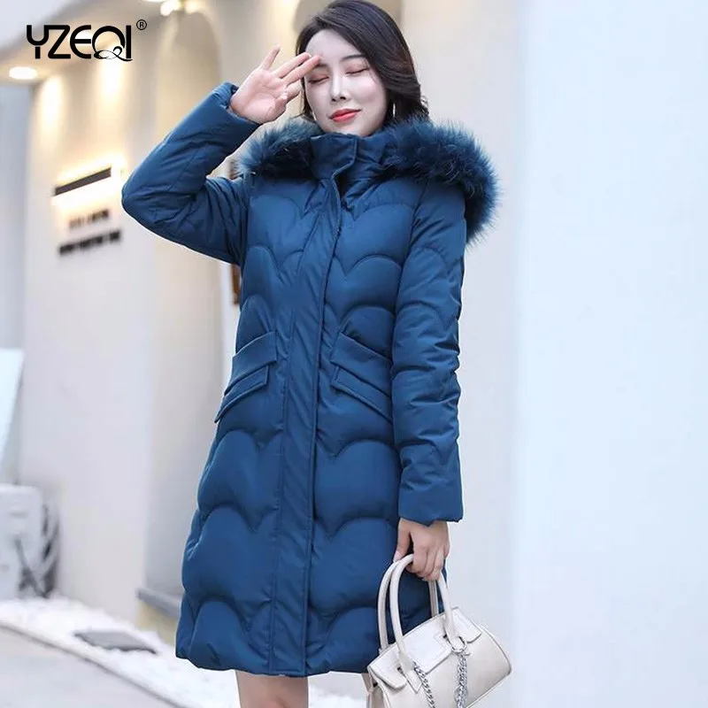 

Yzeqi Winter Cotton Padded Jacket Long Coat Women Winter Hooded Down Parka Ladies Warm Women Loose Big Fur Collar Jacket Coats
