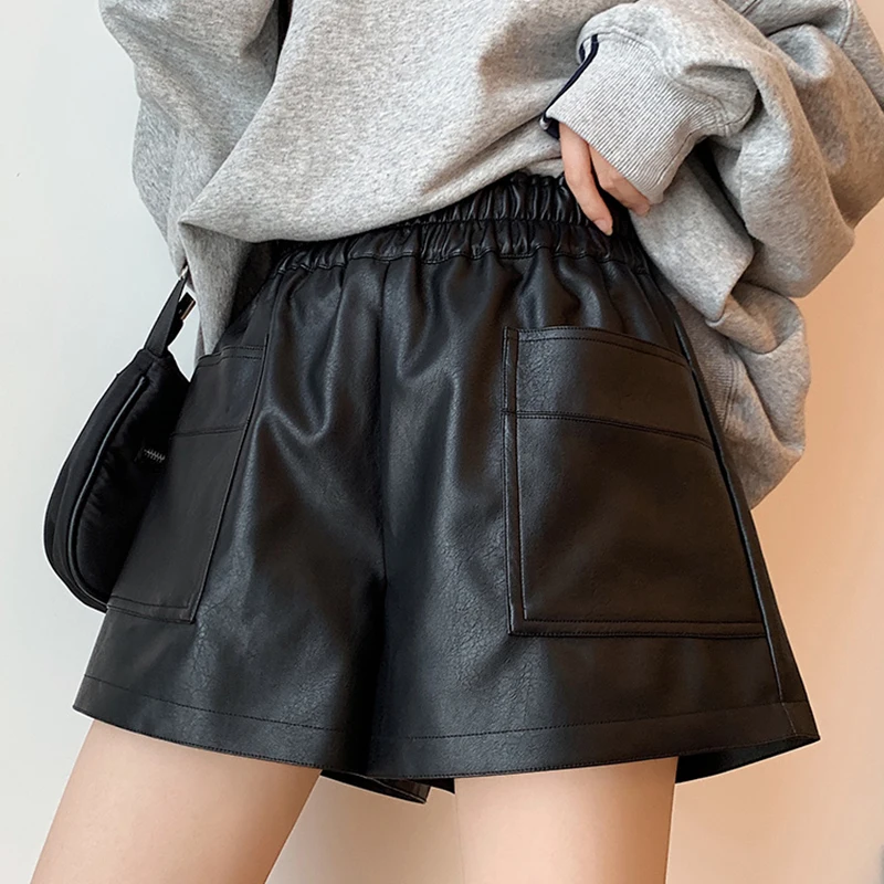 Shintimes Autumn Casual A-Line Elegant PU Leather Shorts Women Loose Wide Leg Winter High Waist Black Shorts Pantalones Cortos