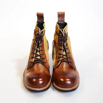 

Up Handmade Retro Lace Genuine Cow Leather Work Canvas Patchwork Motorcycle Ankle Boots High Top Safety Army Shoes Men