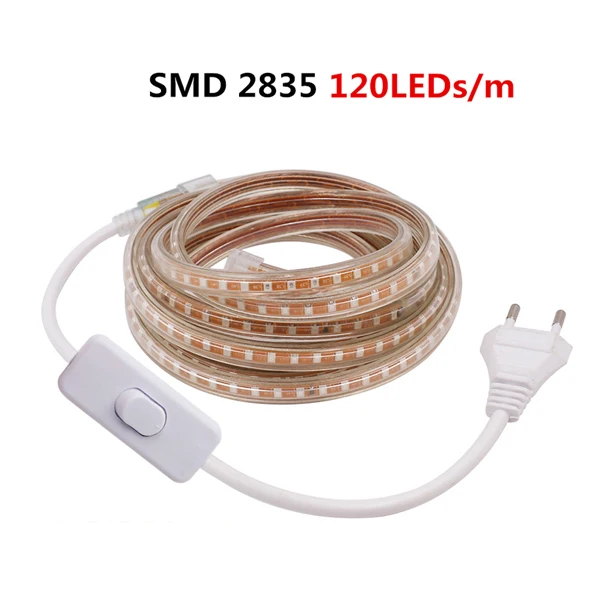 220V 276Leds/m SMD 2835 LED Strip Three Row Waterproof White Warm White Flexible Led Strip Light With Switch For Home Decoration - Испускаемый цвет: 120LEDs 2835