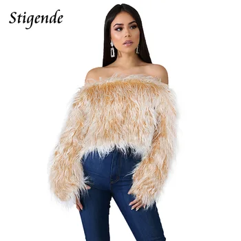 

Stigende Gradient Color Off Shoulder Fluffy Sweater Women Casual Furry Crop Sweater Top Sexy Faux Fur Long Sleeve Short Pullover