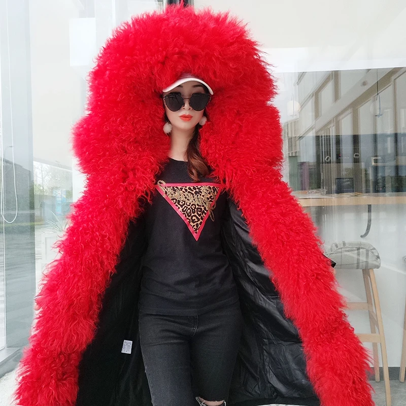 

2019 winter jacket women's leather coat long section Parker coat natural Mongolian sheep fur duck thick section warm d