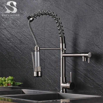 

Brushed Nickel Kitchen Faucet With LED Light Two Water Taps Hot and Cold Water Tap Faucet Installed On The Deck