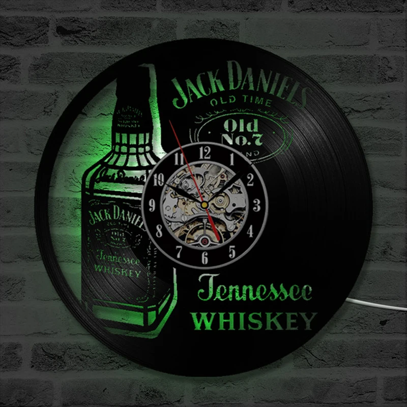 A Bottle of Whiskey Beer Wall Clock Modern Design Vintage Vinyl Record Clocks LED Lighting Wall Watch Home Decor for Beer