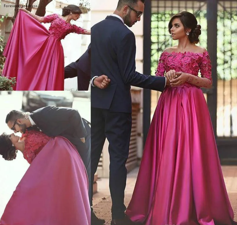 

2019 Arabic Dubai Islamic Muslim Fuchsia Evening Dress Long Sleeves Formal Holiday Wear Prom Party Gown Custom Made Plus Size