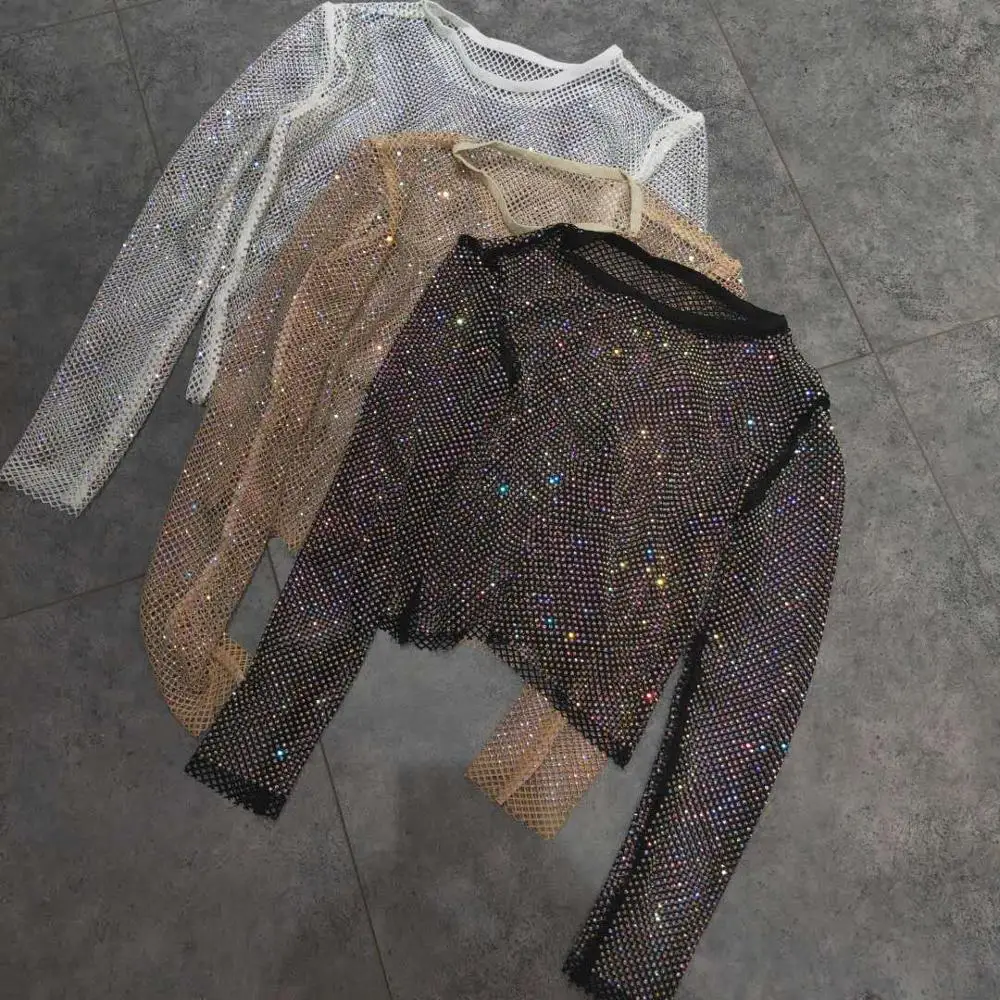Shiny Diamonds Beading Hollow Out Basic Shirt