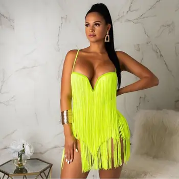 

Fashion Night club Bandage Spaghetti Strap Deep V-neck Backless Tassel sexywomen Bodysuit celebrity body con Bodysuits wholesale
