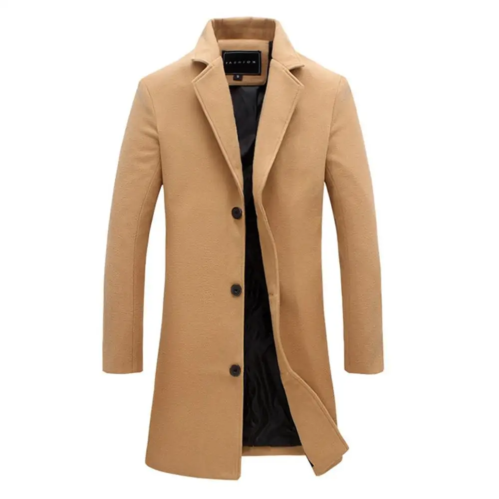 Модное мужское шерстяное пальто, зимнее теплое одноцветное длинное пальто, мужской однобортный деловой Повседневный плащ, парка