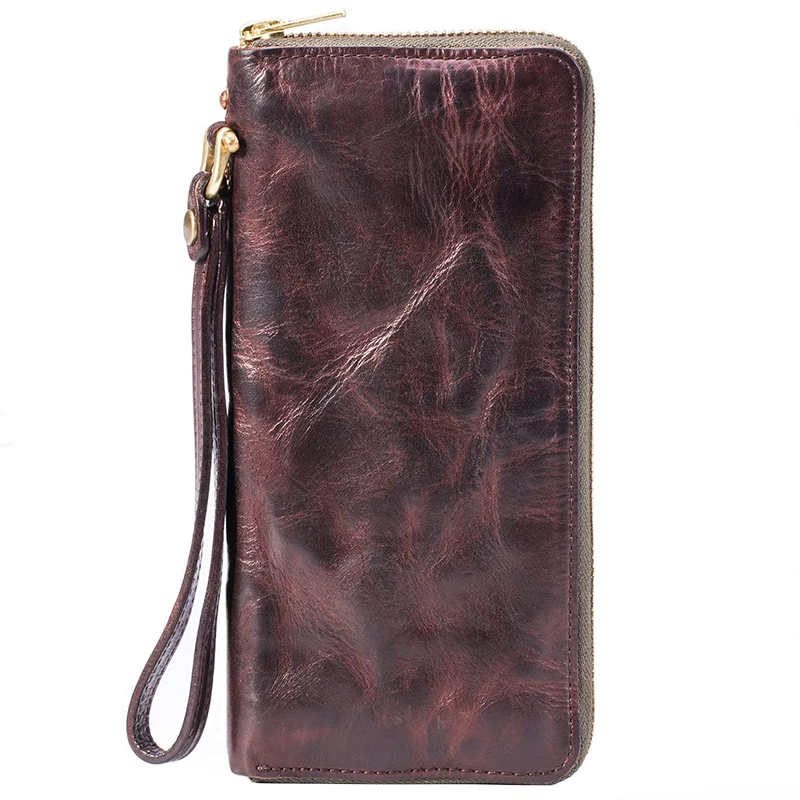 High Quality Vintage Real Cowhide Men Wallet Cash Purse Zipper Modern Stylish Male Long Day Clutches Wristlets Wallet Card Case