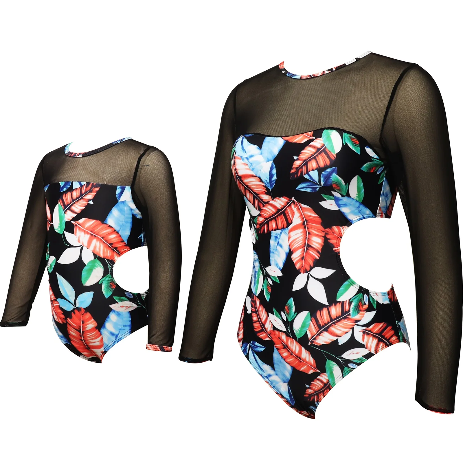 Pudcoco Mother Daughter Family Matching Swimwear Tulle Long Sleeve Hollowed Waist Leaf Print Sun-proof Baby Girl Women Swimsuit