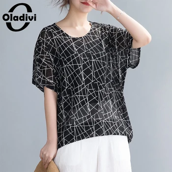 

Oladivi Oversized Plus Size Women Fashion Print Shirts Ladies Casual Loose Top Tees Girl Chiffon Blouses Female Tunic Blusas 6XL