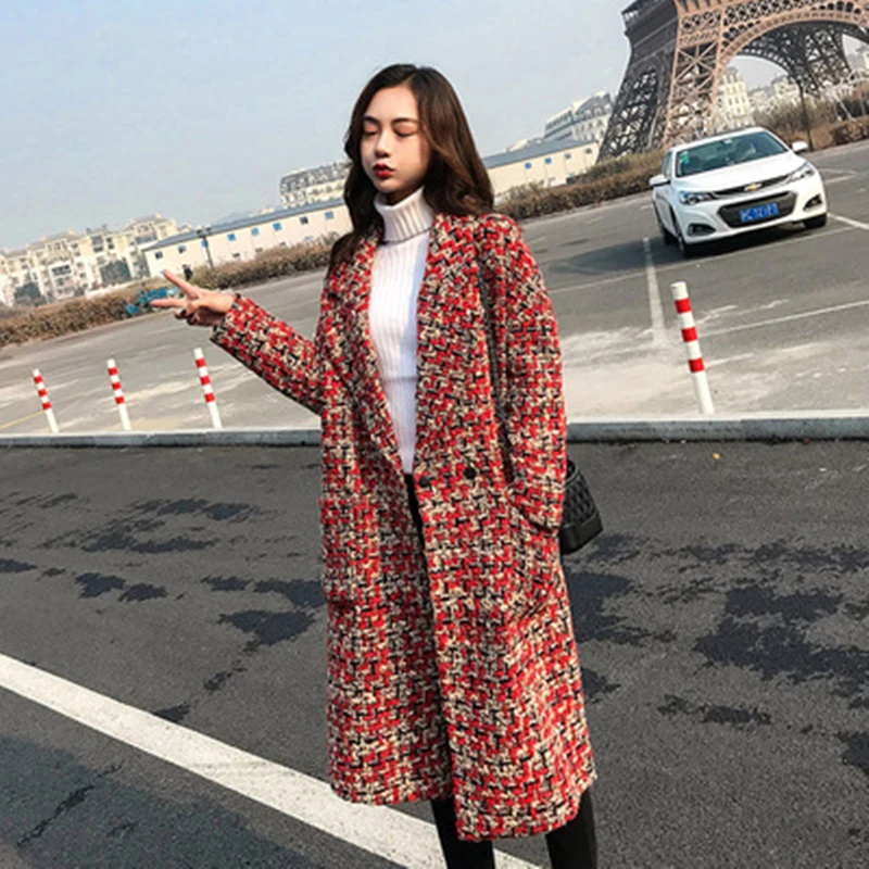 Woolen jacket female autumn winter thick red grid wool Cardigan coats Plus size women clothing warm long Outerwear clothes