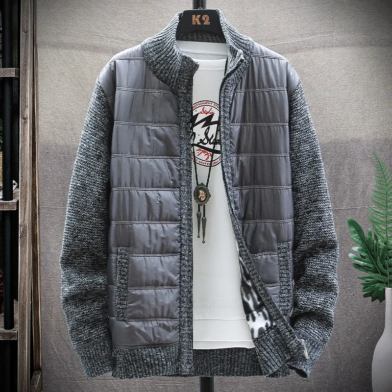 Sweater Men Autumn Winter Knit Cardigan Loose Large Size Jumpers Splicing Thick Fleece Warm Patchworked Jacket Male Windbreaker