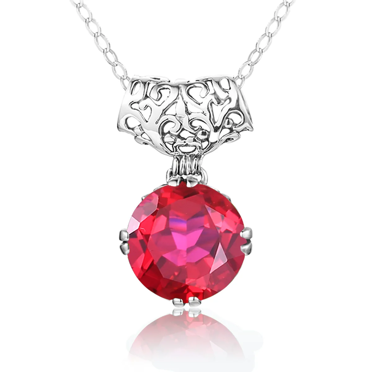 

100% silver 925 Pendants Bizuteria Round Gemstone Inmitate Red Ruby Pendant Necklace For Women Wedding Party Fine Jewelry
