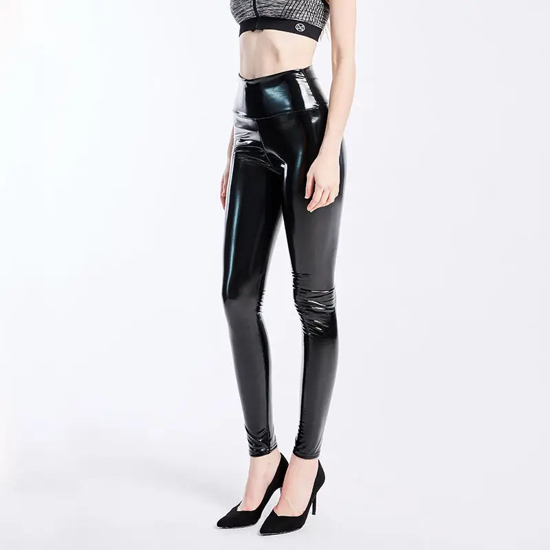 Women Ladies Vinyl PVC Wet Look Shiny Disco Elasticated High Waist Leggings  Pant