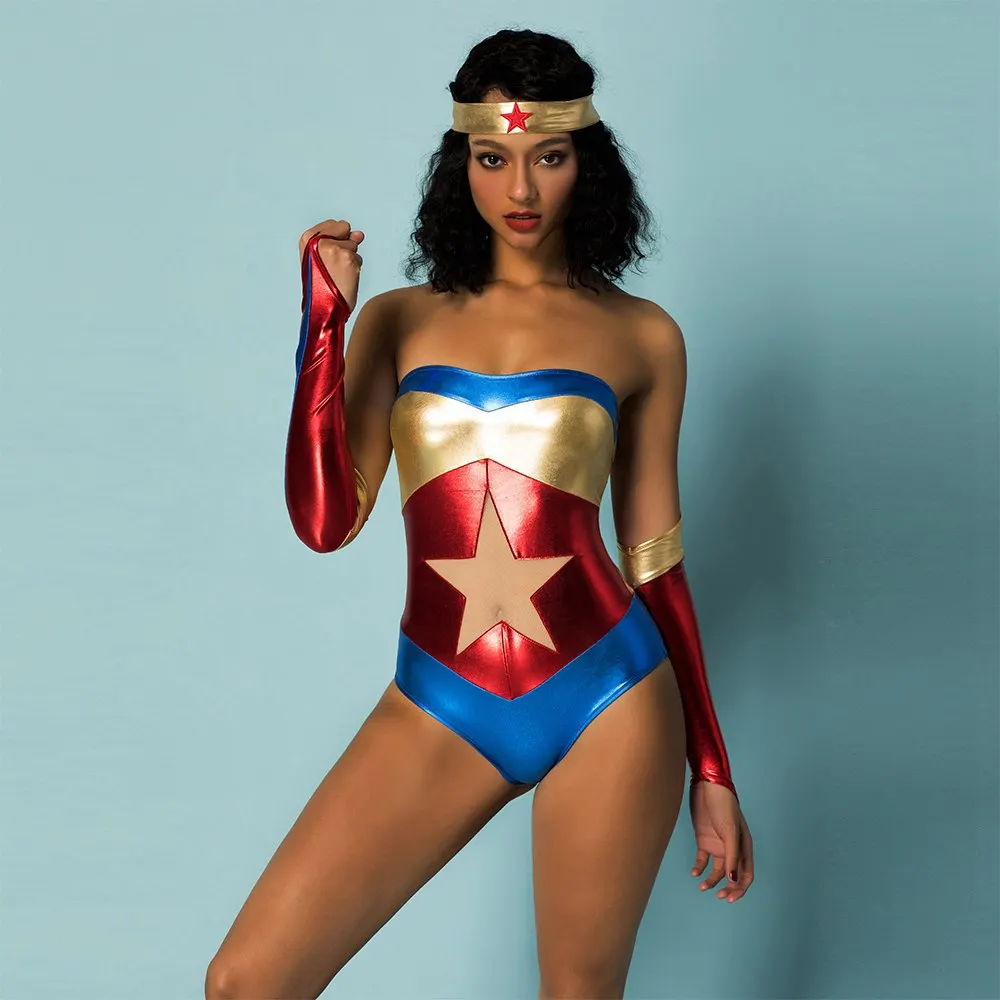 

JSY Sexy Costume Superhero-Theme Deluxe Woman Fnacy Bodysuit Supergirl Uniform Strapless Latex Costume