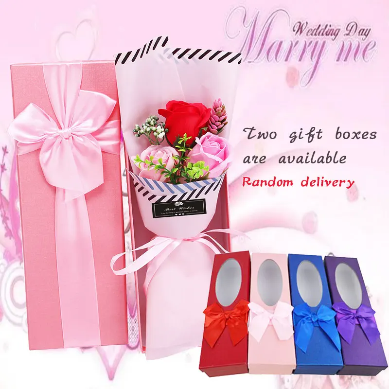 

Beautiful Immortalized Flower Gift Boxed Wedding 3 Heads Romantic Greeting Soap Flowers Artificial Rose Bouquet Celebration