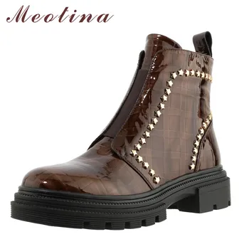 

Meotina Women Ankle Boots Shoes Real Leather Platform Mid Heel Short Boots Zipper Rivet Chunky Heels Ladies Boots Brown Black