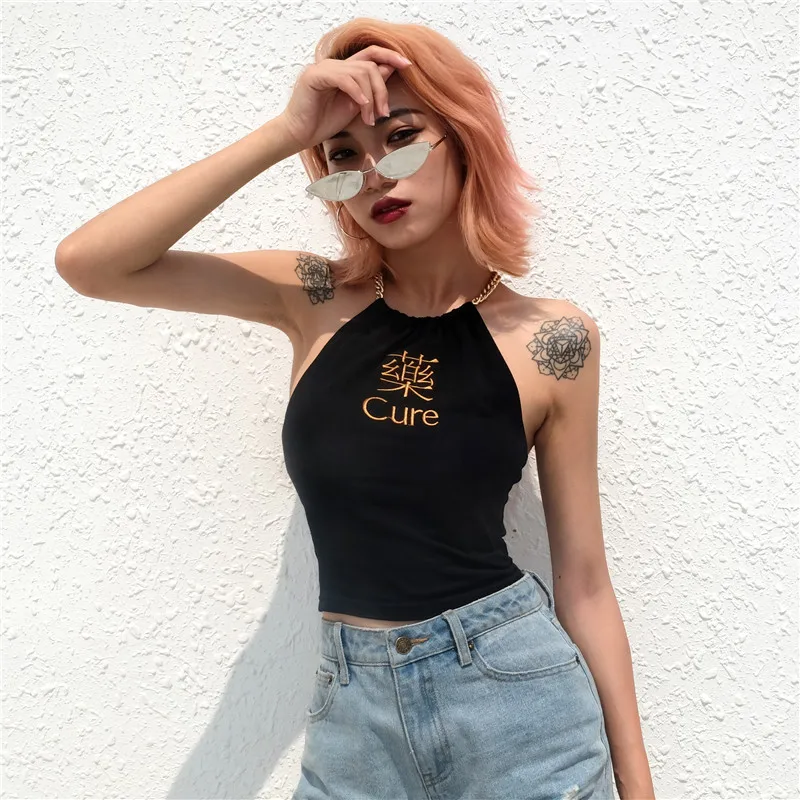 Новая блуза на бретелях вышитая буква Cure китайская женская майка крутая девушка сексуальная мода лето живот укороченный Топ