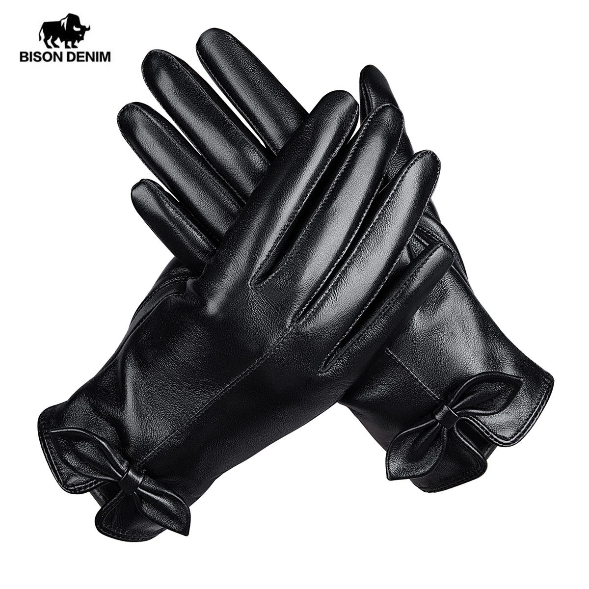 

BISON DENIM Autumn Winter Genuine Leather Gloves Women Sheepskin Warm Solid Color Female Real Sheep Lady Touch Screen Gloves