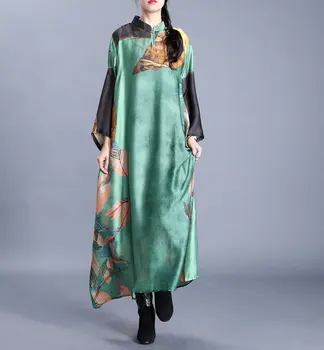 

2020 Spring New Retro Stand Collar Bucklefemale Dress Chinese National Style Silk Print Seven Point Sleeve Irregular Long Dress