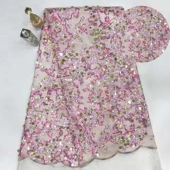 

newest muti color sequin Modern design French net lace fabric African sequins lace embroidery tulle lace fabric for party dress