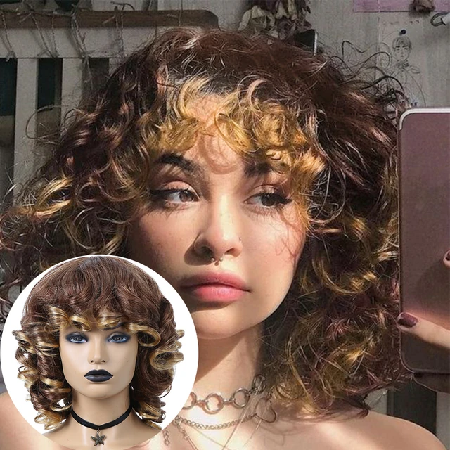 FAVE Afro Kinky Curly Wig With Bangs Black Red Synthetic Hair Shoulder LengthHeat Resistant Fiber For Africa America Black Women 33 27